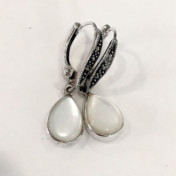 Vintage Jewelry - Vintage Sterling Silver Marcasite Mother of Pearl Drop Earrings